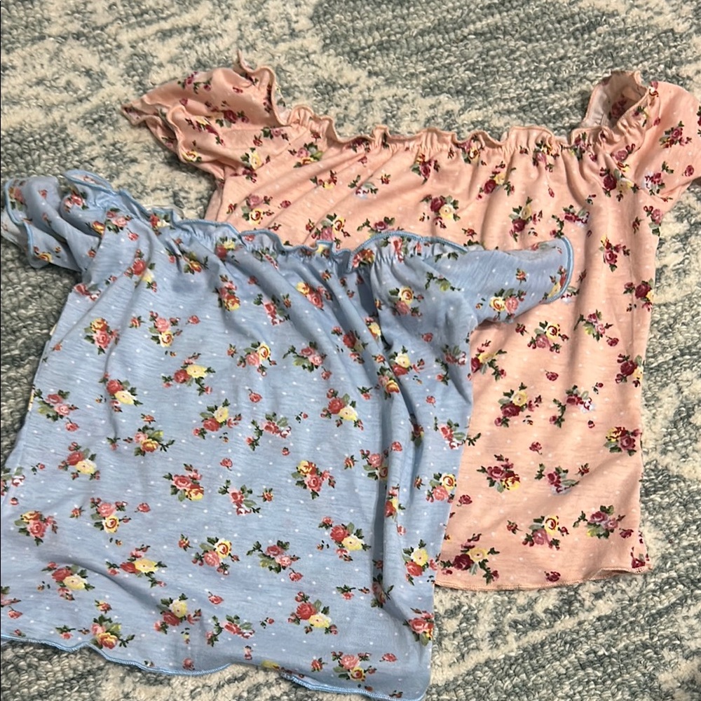 Floral Off-Shoulder Crop Tops - Pink and Blue